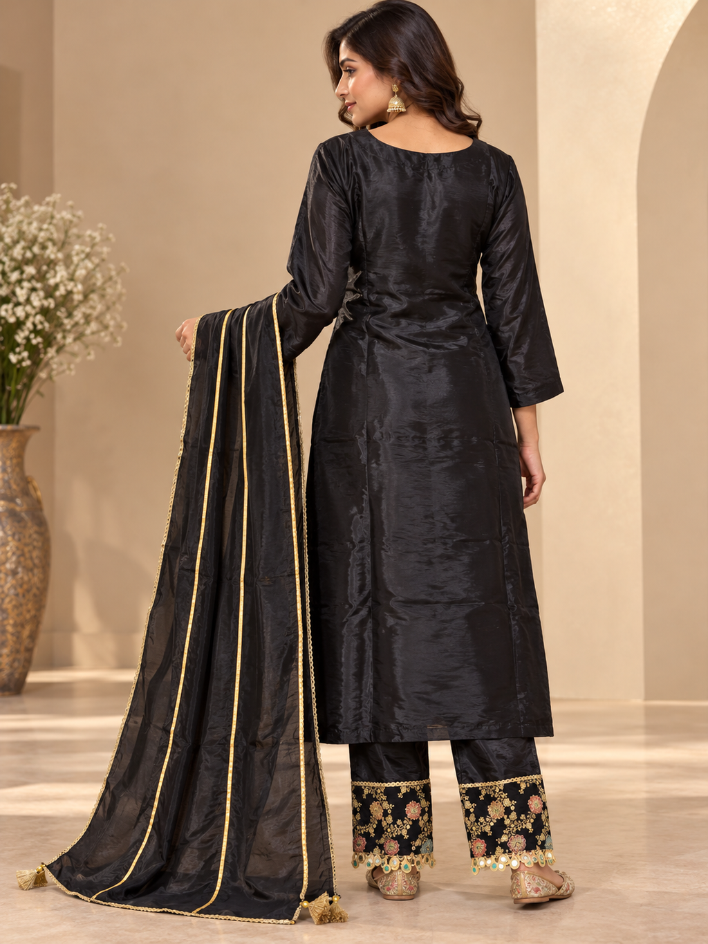 Black Embroidered Suit Set with Pant & Dupatta