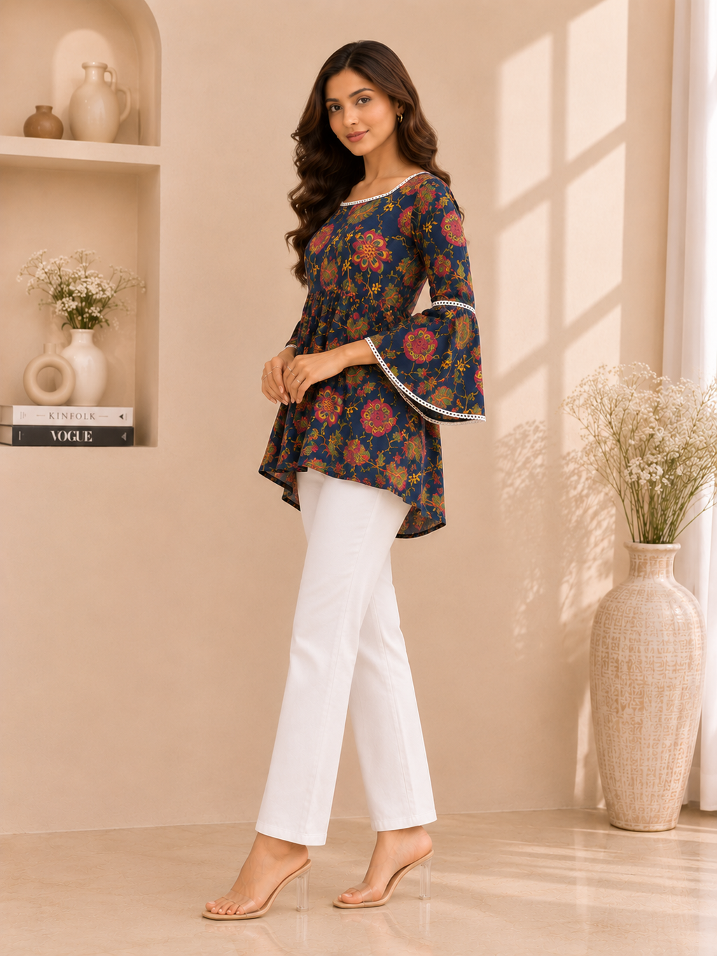 Navy Blue Floral Printed Cotton Kurti with Back Dori