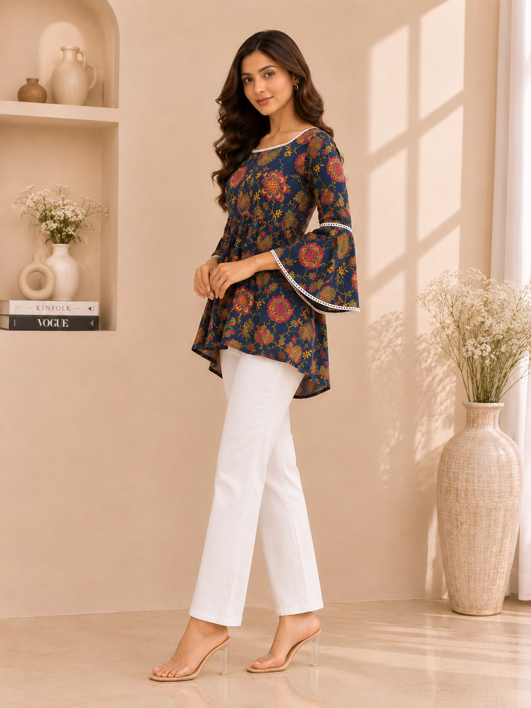 Navy Blue Floral Printed Cotton Kurti with Back Dori