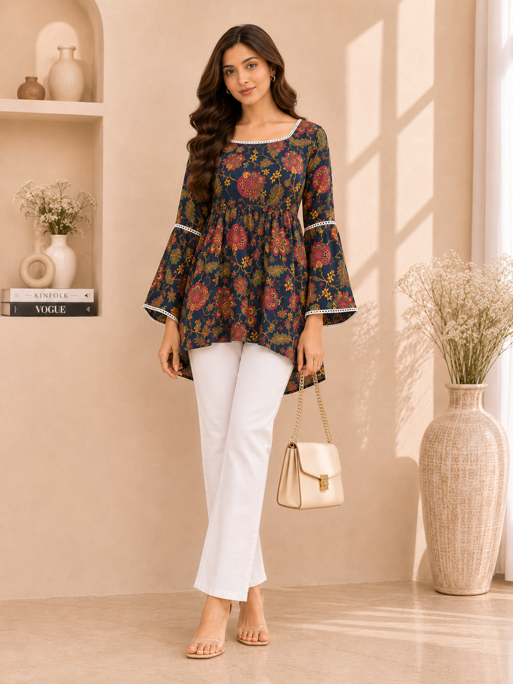 Navy Blue Floral Printed Cotton Kurti with Back Dori