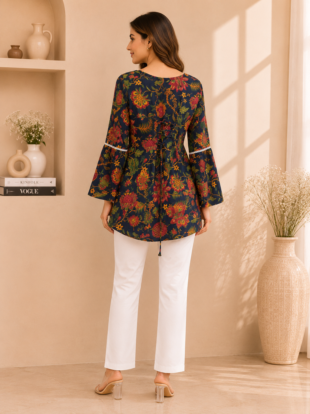Navy Blue Floral Printed Cotton Kurti with Back Dori