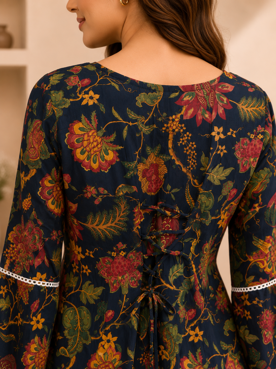 Navy Blue Floral Printed Cotton Kurti with Back Dori