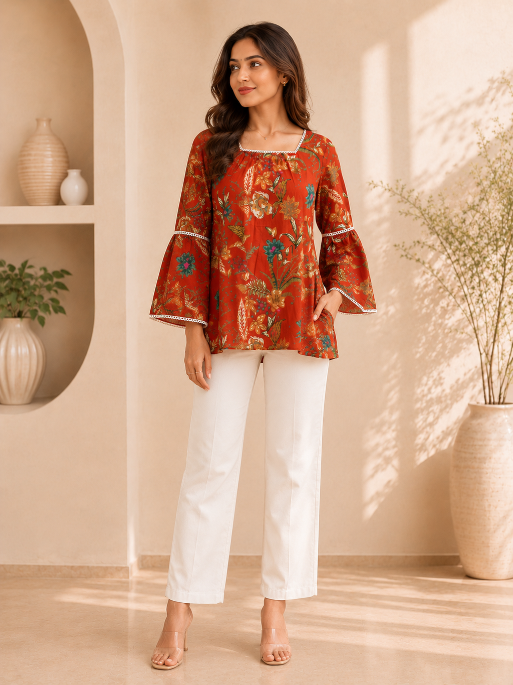 Rust Orange Floral Printed Cotton Kurti with Back Dori