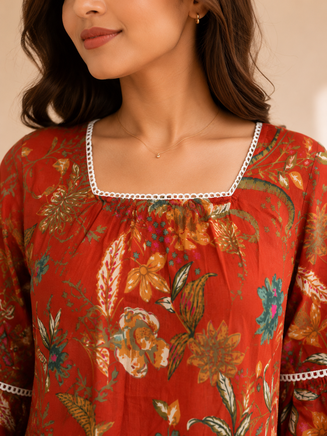 Rust Orange Floral Printed Cotton Kurti with Back Dori