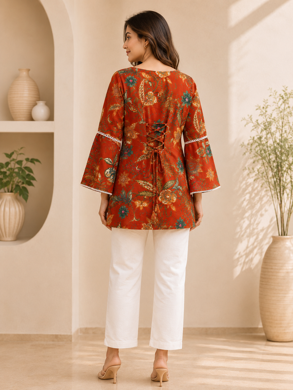 Rust Orange Floral Printed Cotton Kurti with Back Dori