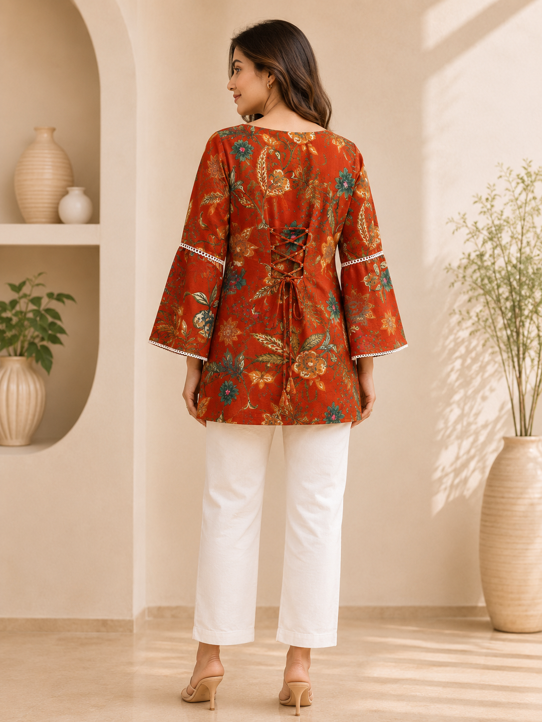 Rust Orange Floral Printed Cotton Kurti with Back Dori