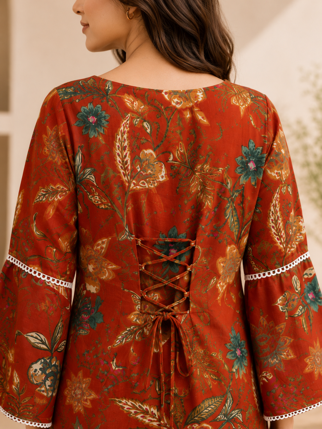 Rust Orange Floral Printed Cotton Kurti with Back Dori