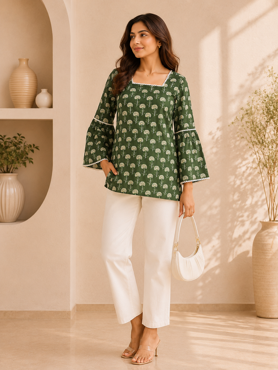 Women's Green Floral Printed Cotton Shirt With Back Dori