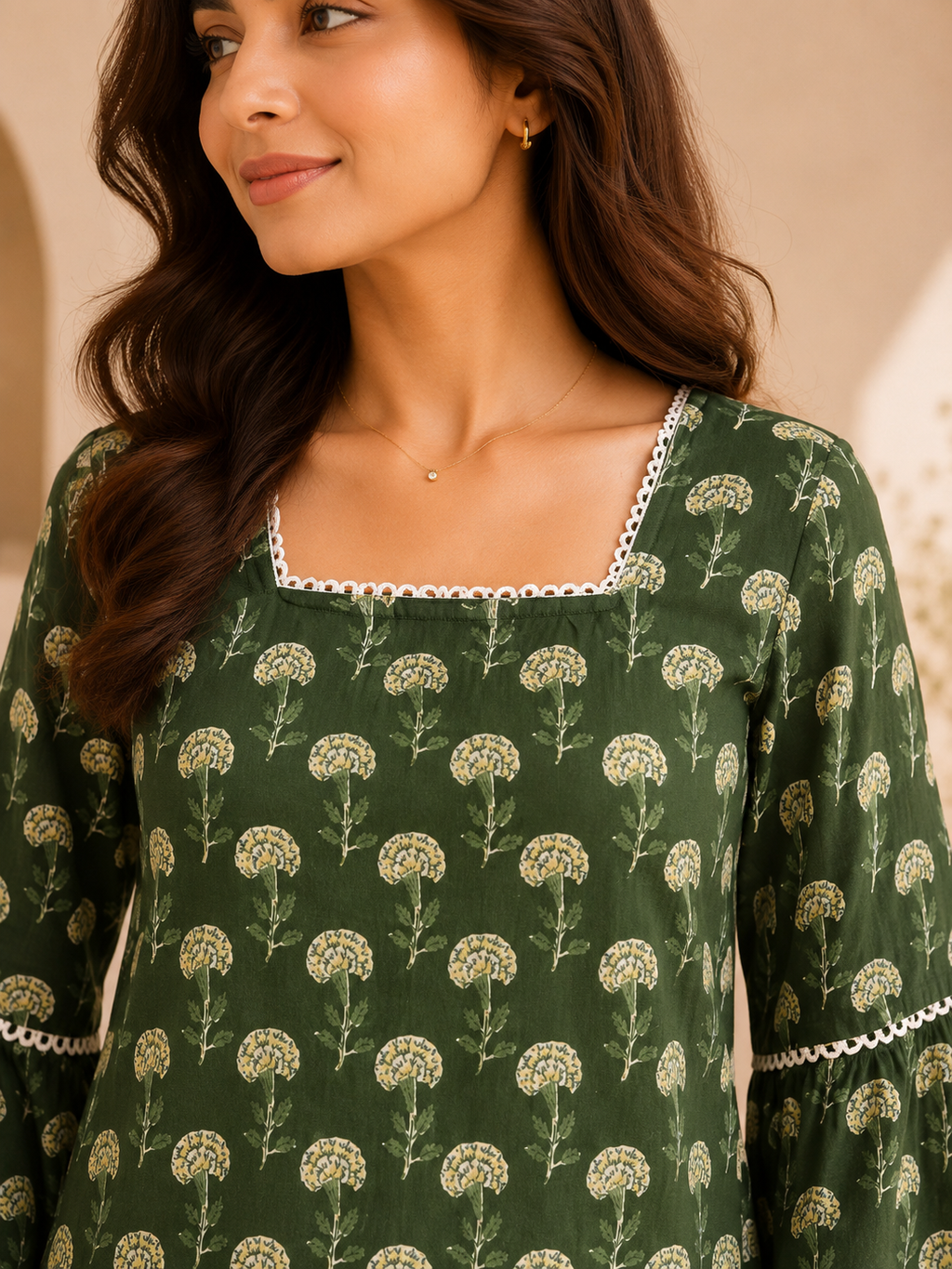 Women's Green Floral Printed Cotton Shirt With Back Dori