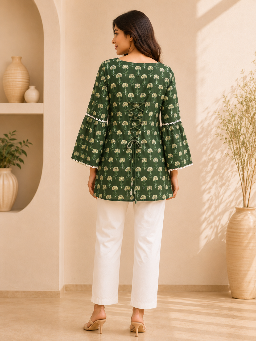 Women's Green Floral Printed Cotton Shirt With Back Dori