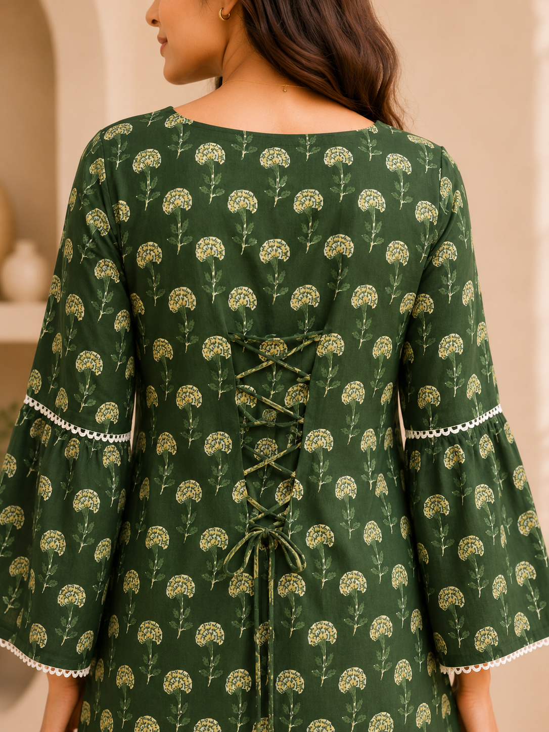 Women's Green Floral Printed Cotton Shirt With Back Dori