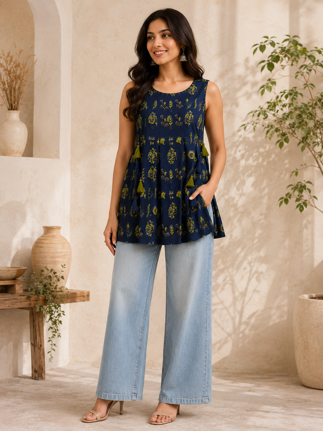 Women's Navy Blue Printed Cotton Top with Tassel