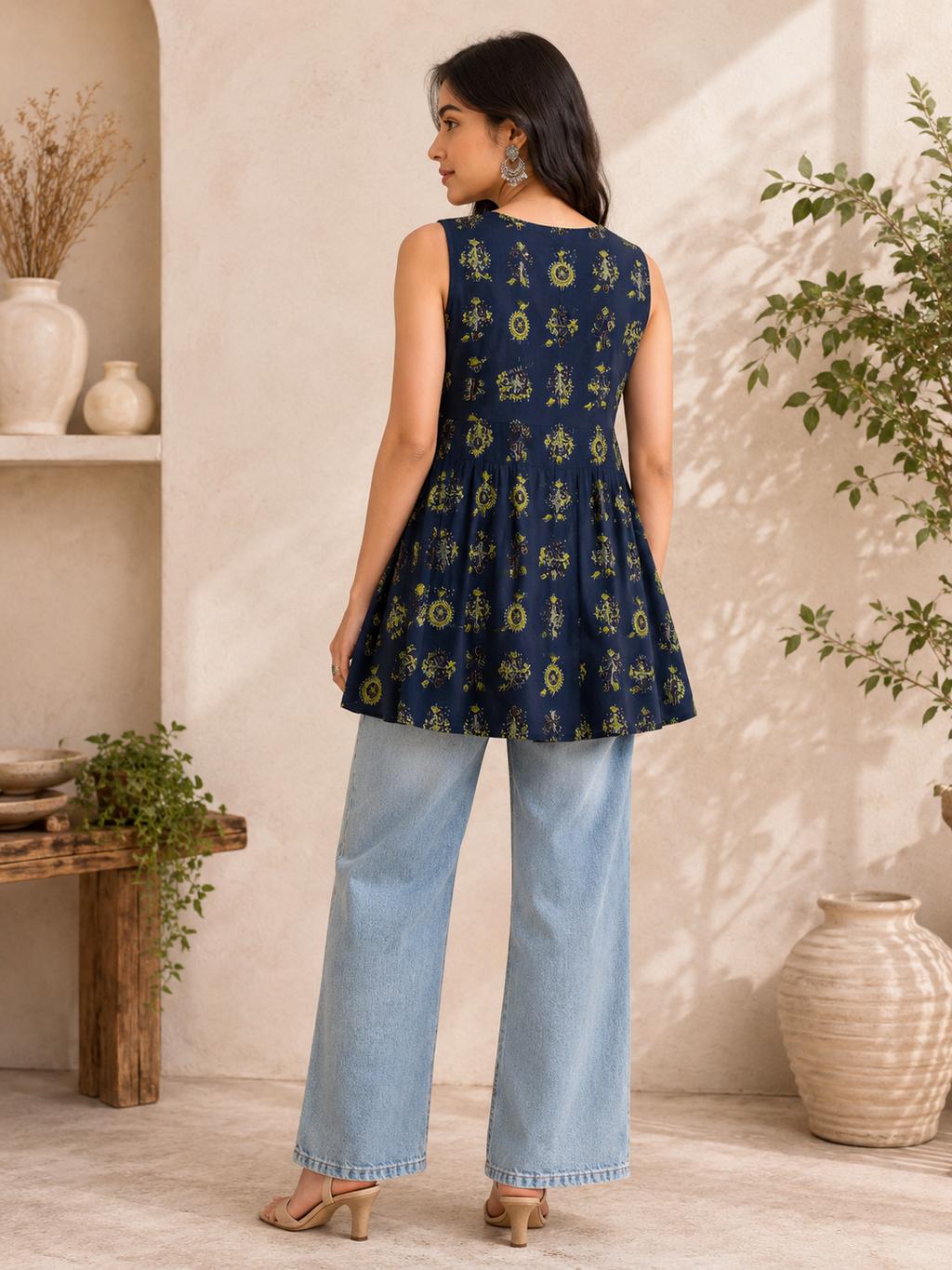 Women's Navy Blue Printed Cotton Top with Tassel