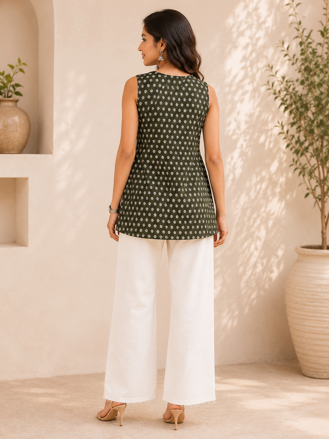 Women's Olive Green Printed Cotton Top with Tassel