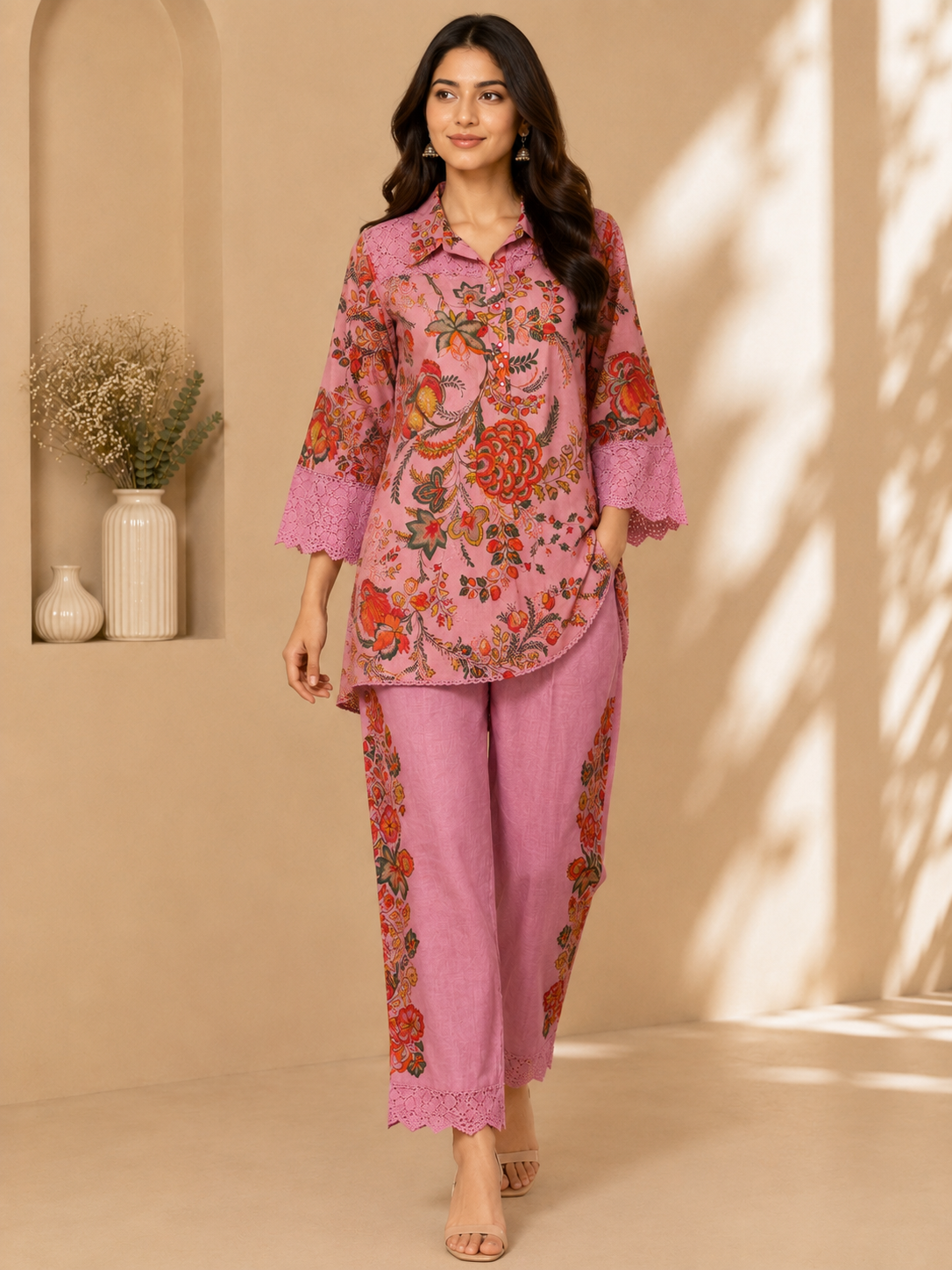 Women's Pink Floral Printed Cotton Coord Set
