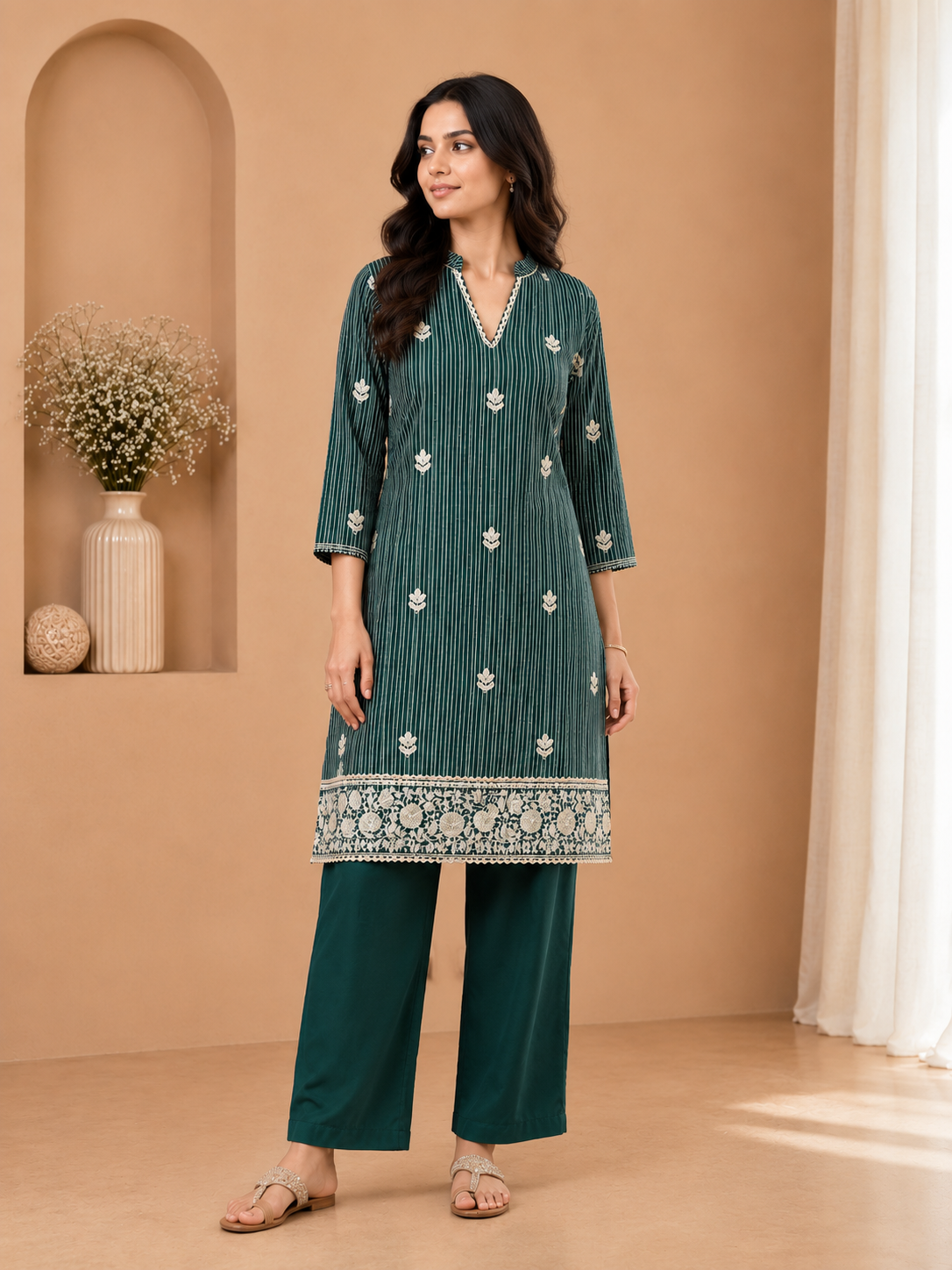 Women's Teal Green Striped Cotton Coord Set