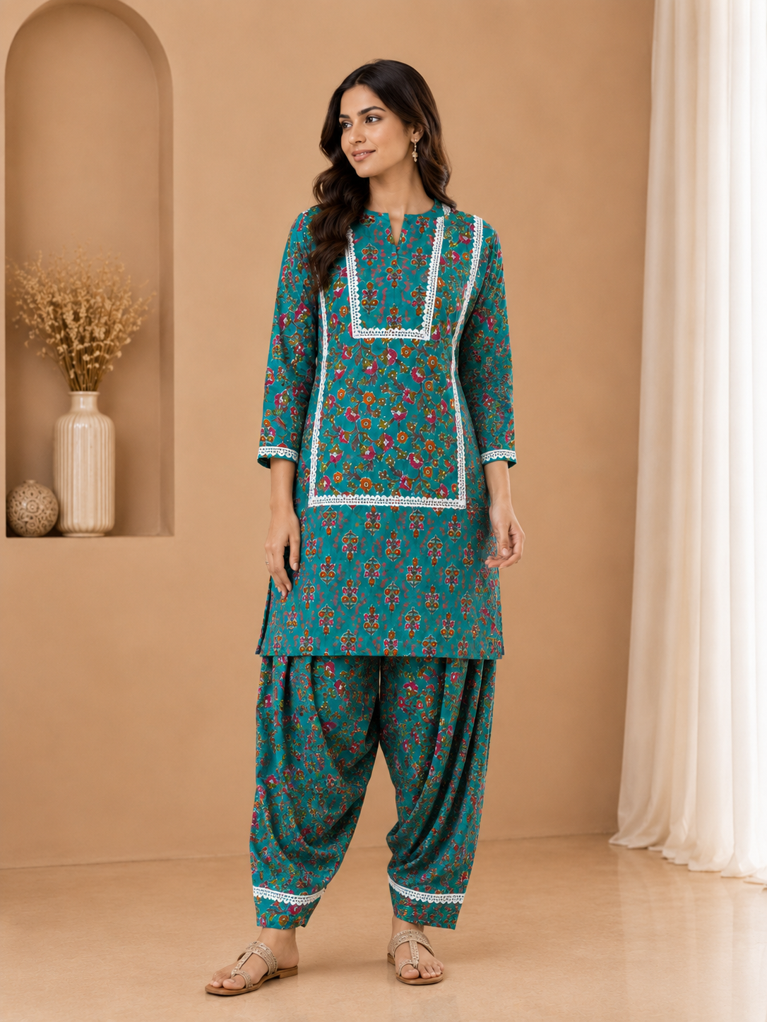 Teal Floral Printed Cotton Kurta with Fharsi Salwar Set