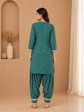 Teal Floral Printed Cotton Kurta with Fharsi Salwar Set