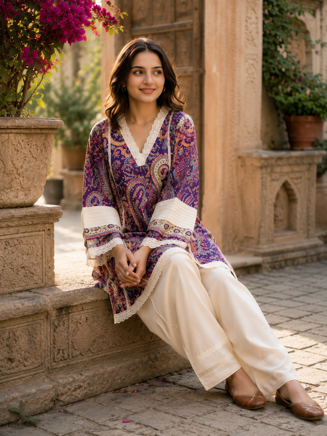 Royal Purple Paisley Cotton Kurta with Fharsi Salwar Set