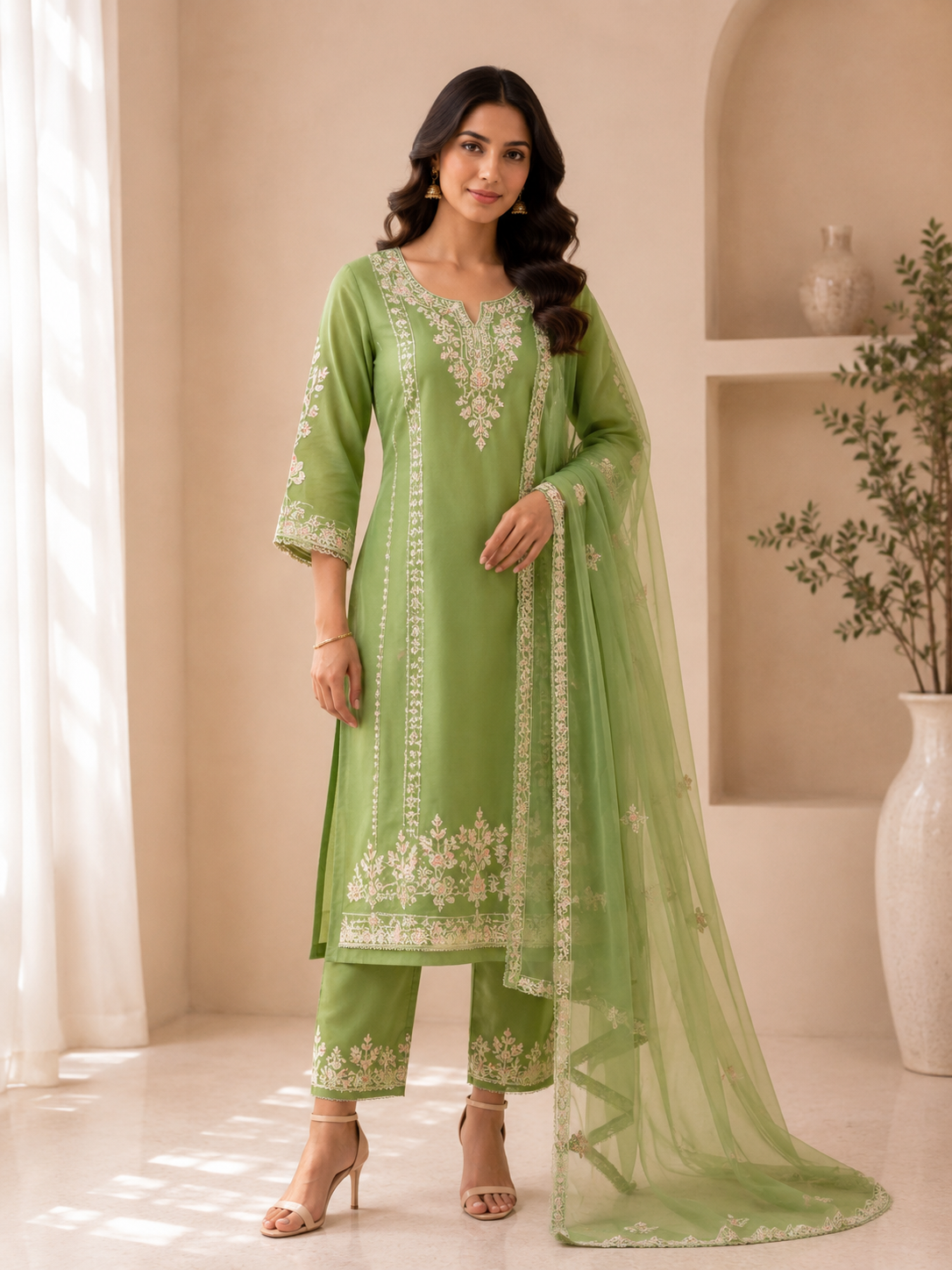 Sage Green Embroidered Organza Festive 3-Piece Suit