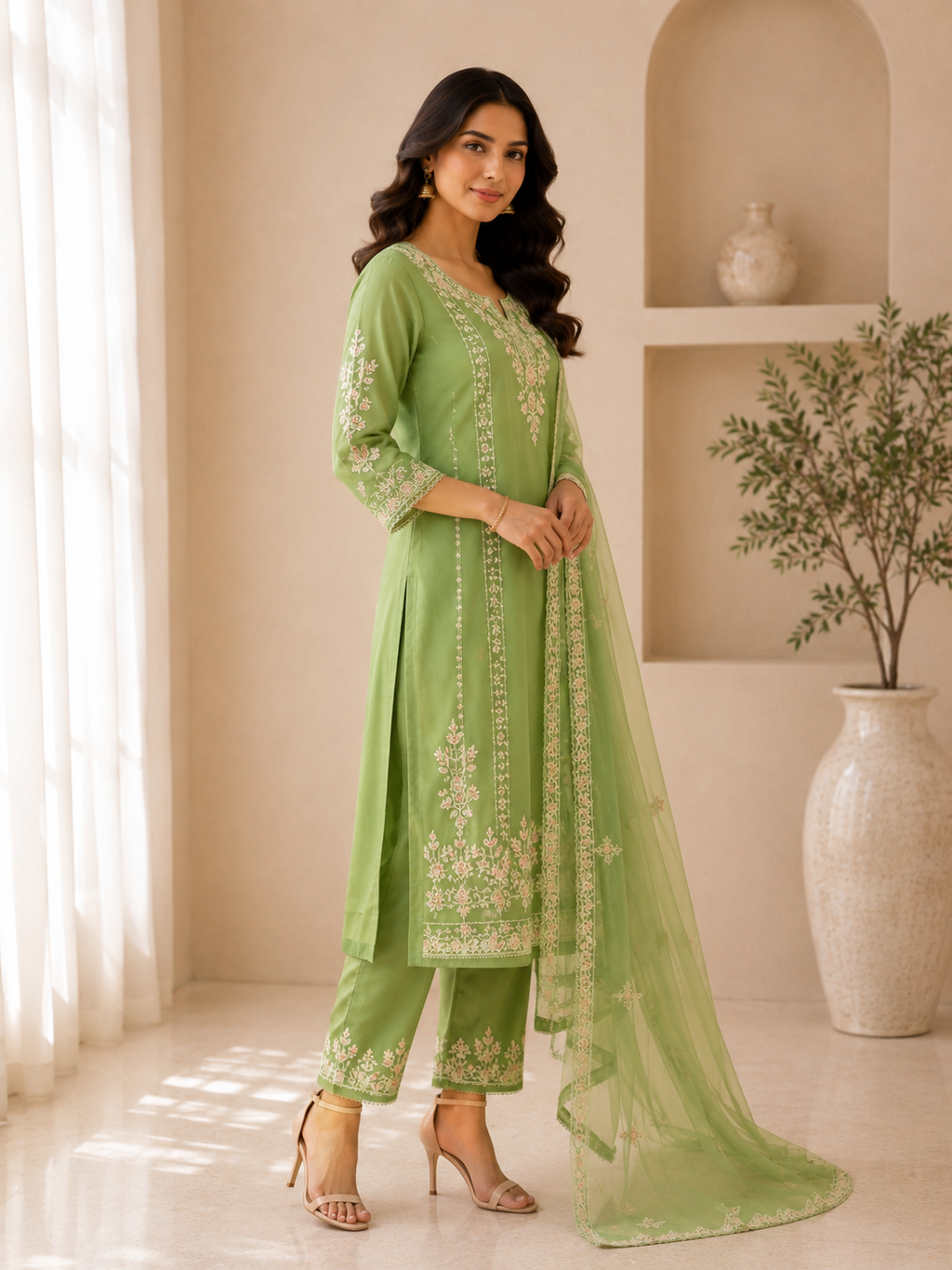 Sage Green Embroidered Organza Festive 3-Piece Suit