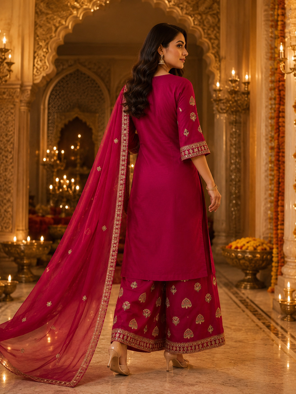 Rani Pink Embroidered Festive 3-Piece Silk Suit