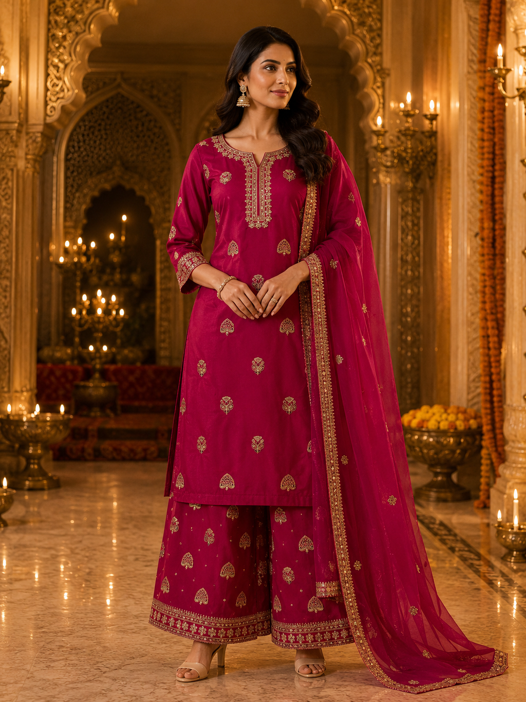 Rani Pink Embroidered Festive 3-Piece Silk Suit