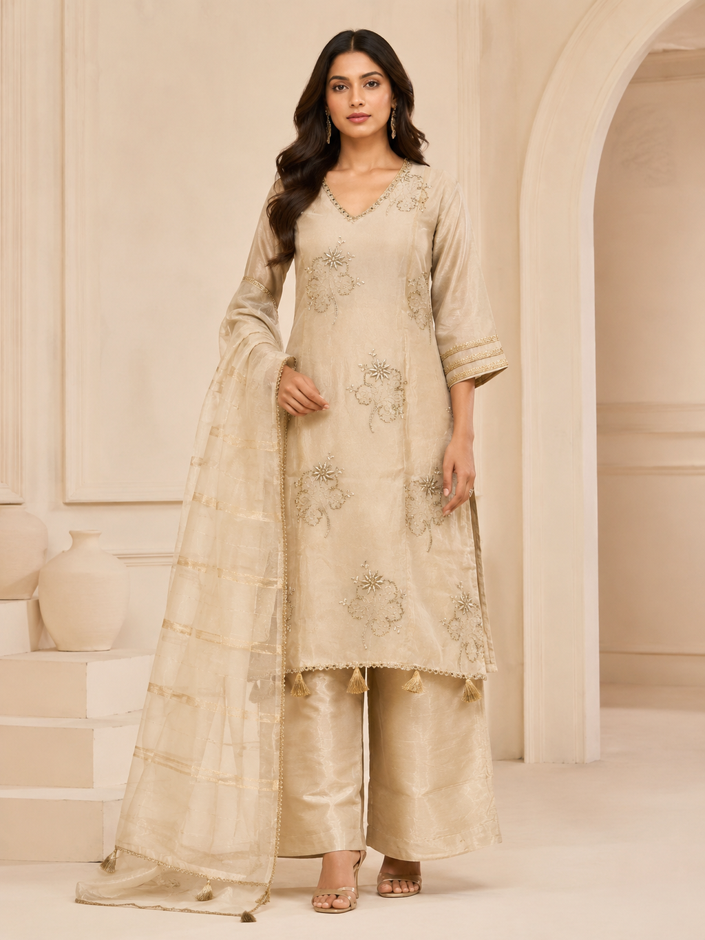 Gilded Ivory Embroidered Organza 3-Piece Suite