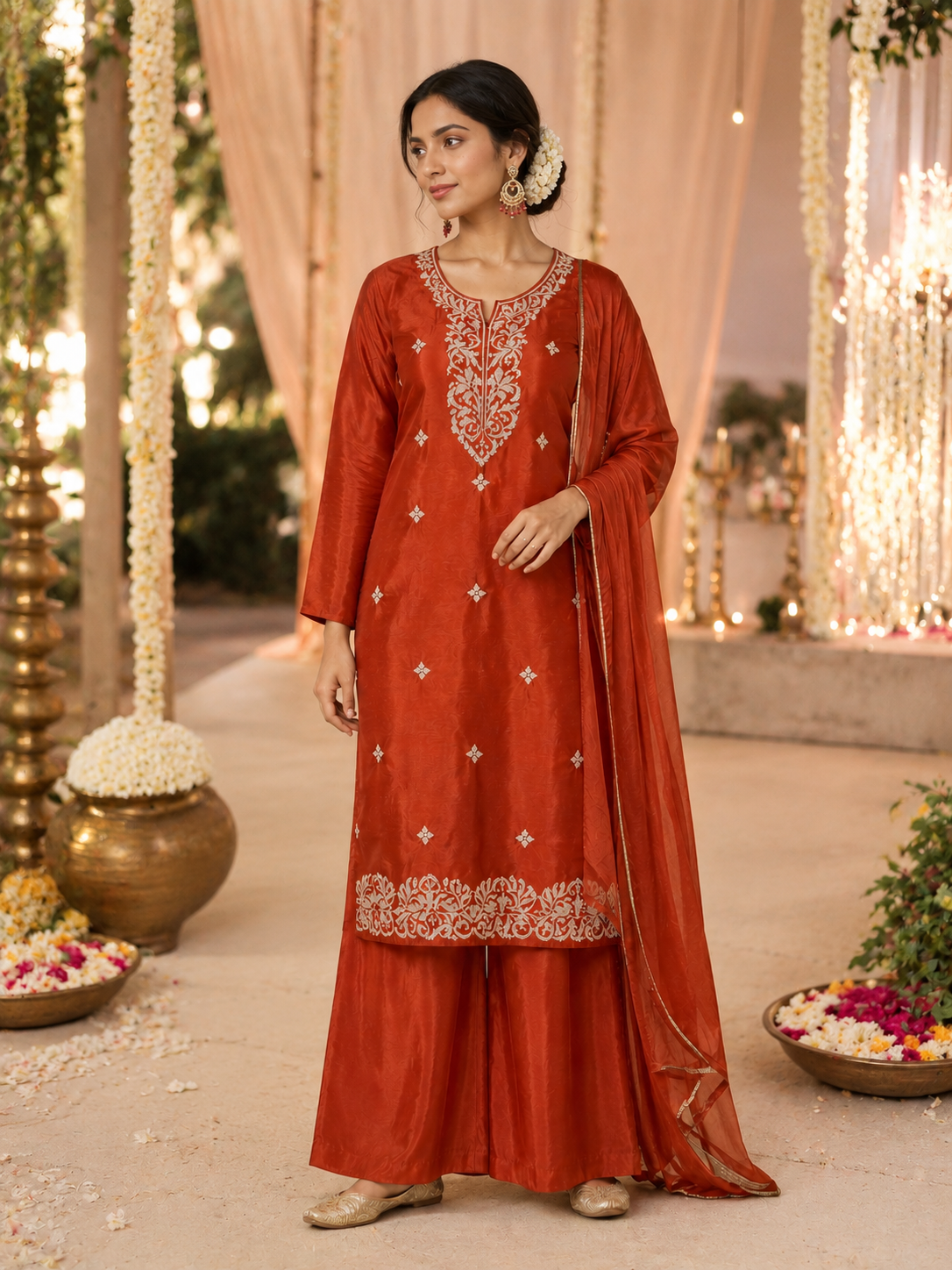 Ethereal Rust Embroidered Organza 3-Piece Suit
