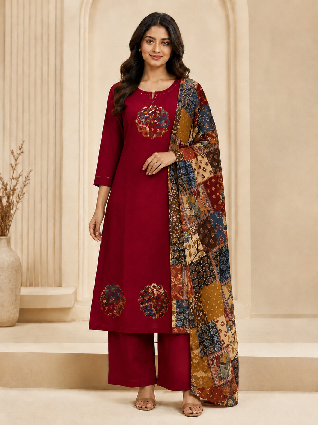 Rich Maroon Gilded 3-Piece Cotton Suite