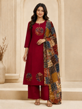Rich Maroon Gilded 3-Piece Cotton Suite