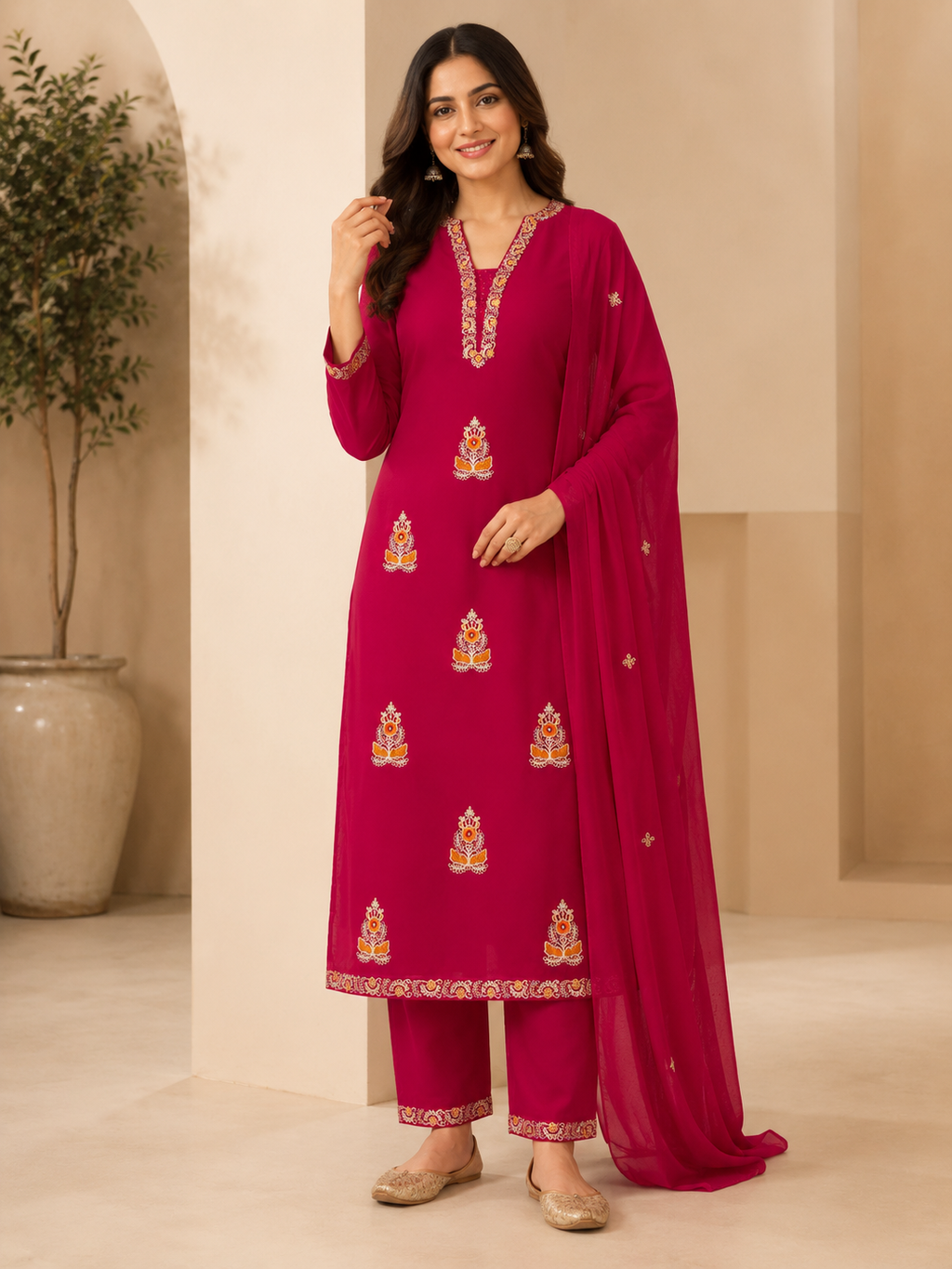 Rani Pink Embroidered Straight Suit Set with Sheer Dupatta