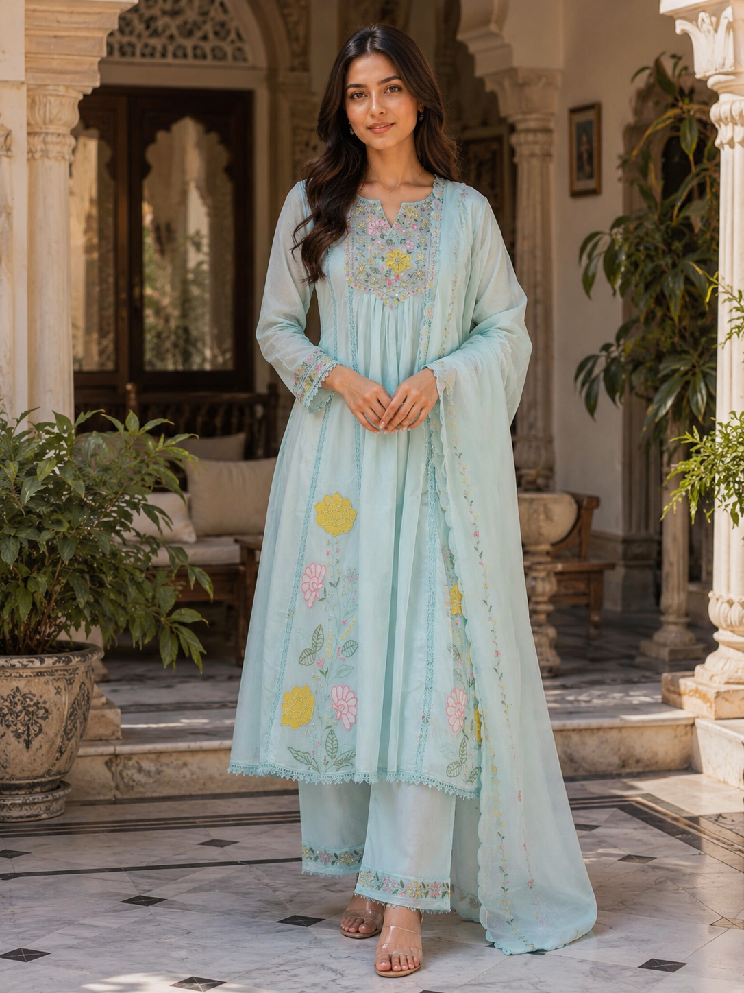 Pastel Aqua Floral Embroidered Anarkali Suit Set with Dupatta