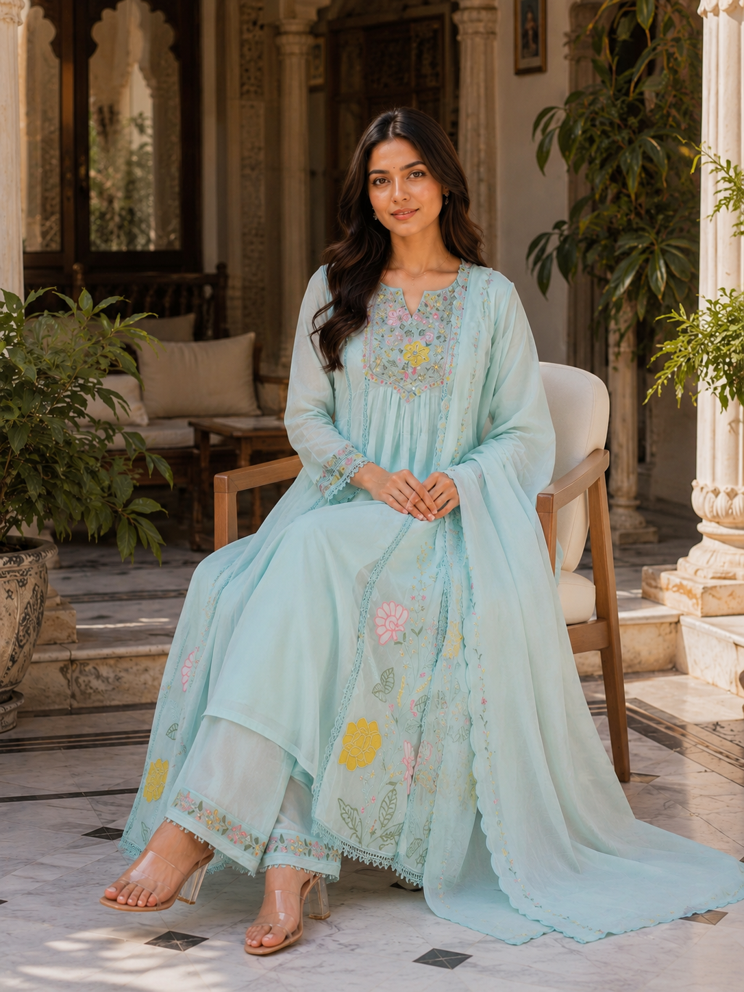 Pastel Aqua Floral Embroidered Anarkali Suit Set with Dupatta