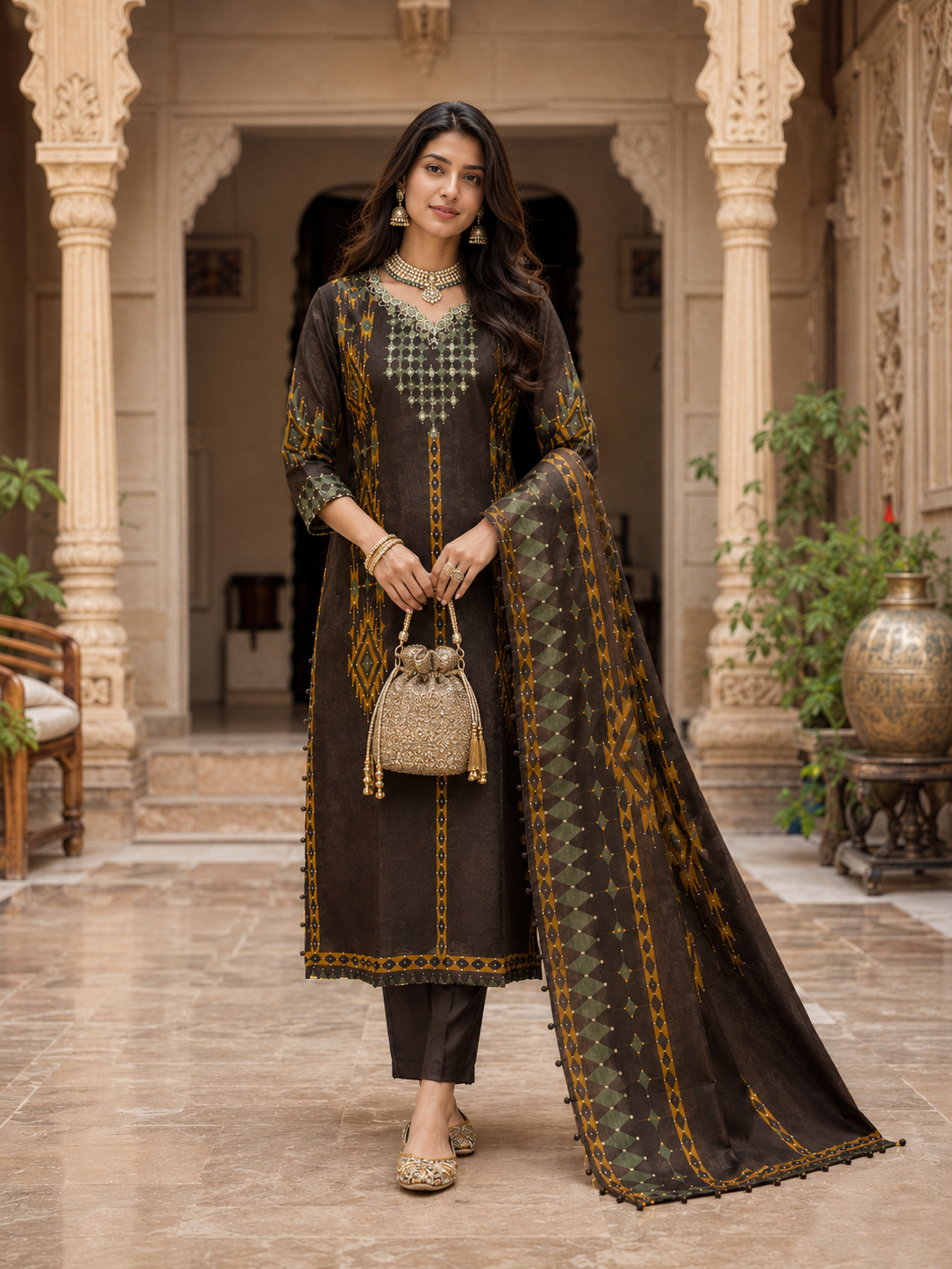 Brown Geometric Printed Silk Blend Suit Set with Dupatta