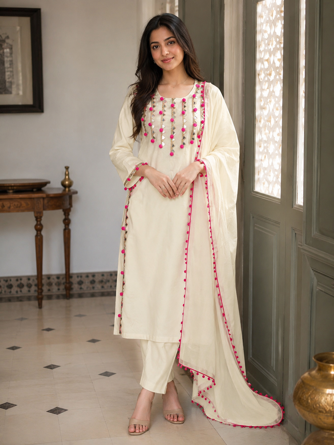 Ivory Grace Pink Pom-Pom Suit Set