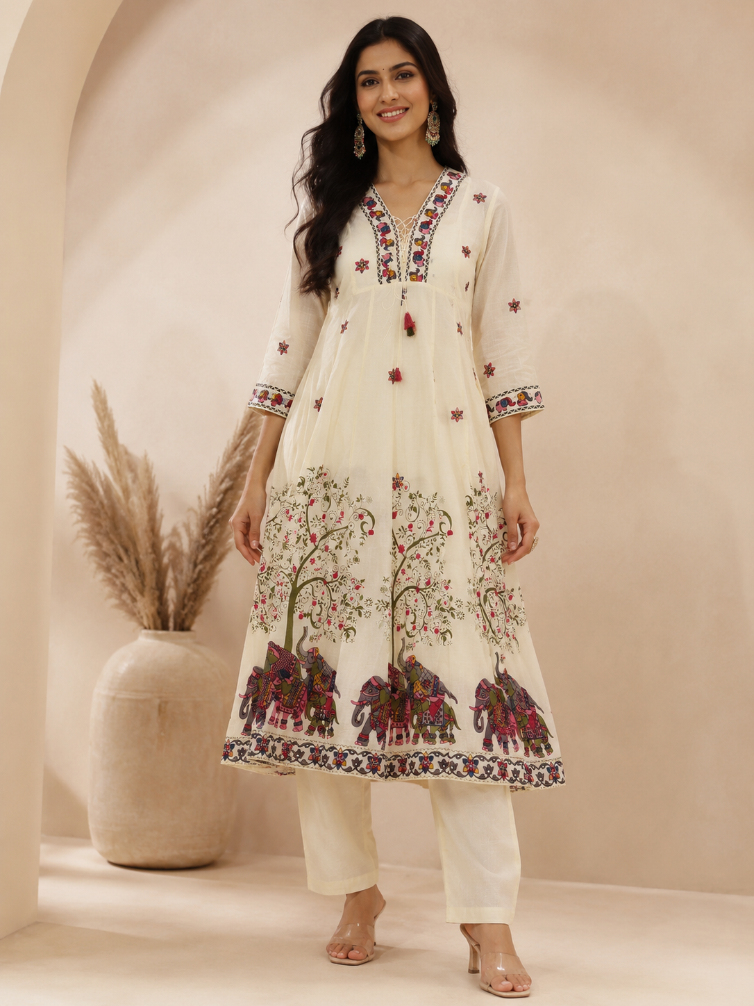Elephant Heritage Print Ivory Anarkali Kurta Set with Dupatta