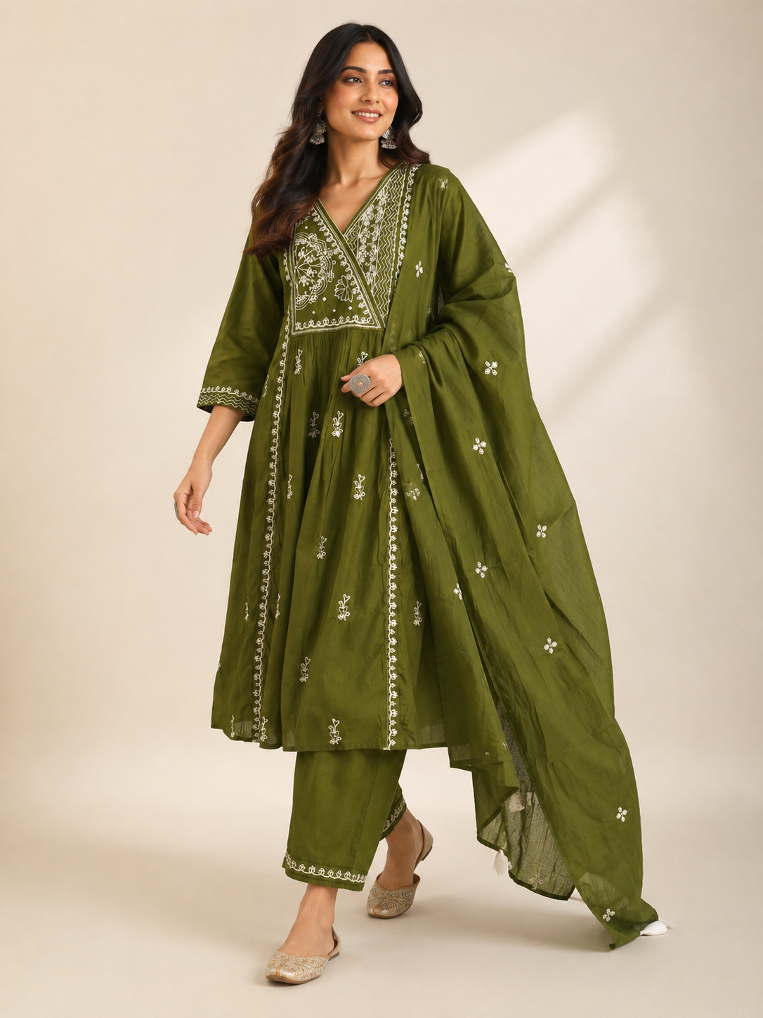 Mehendi Green Embroidered Anarkali Kurta Set