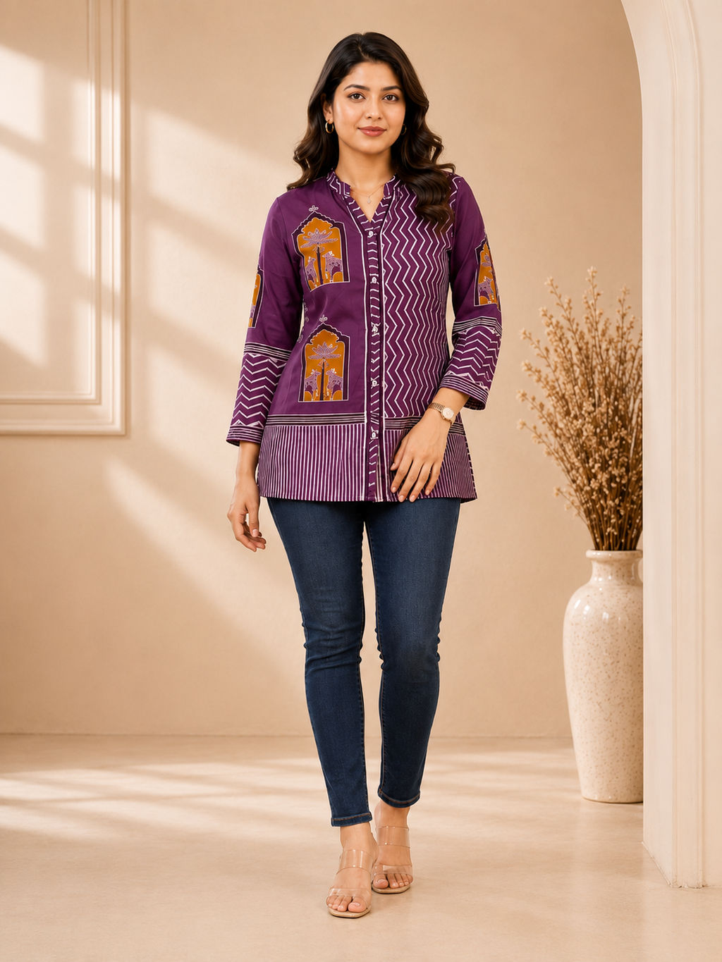 Women's Purple Printed Crepe Shirt