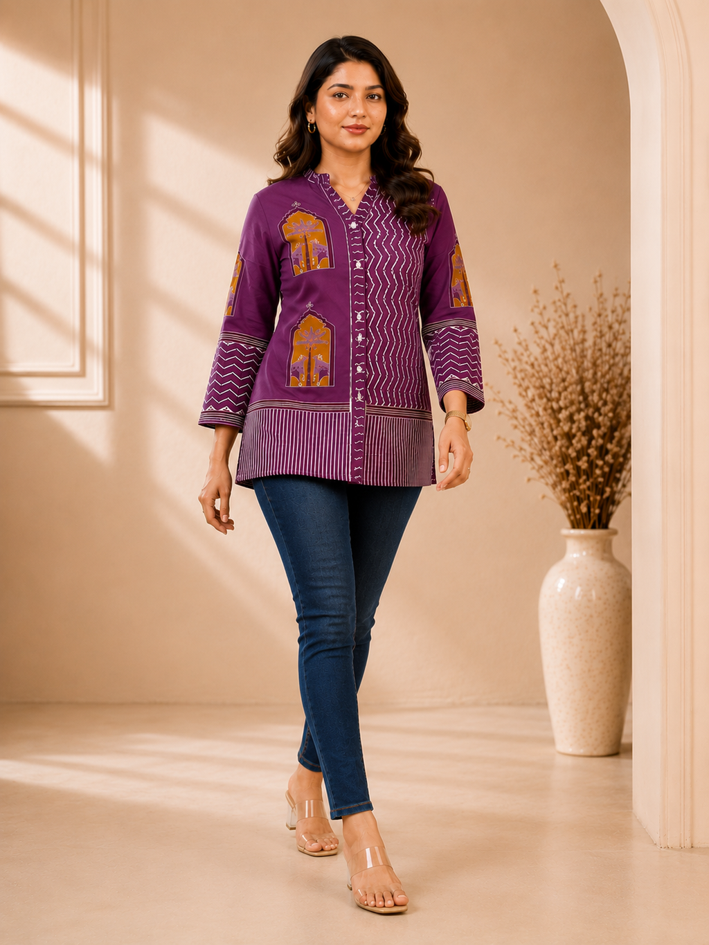 Women's Purple Printed Crepe Shirt