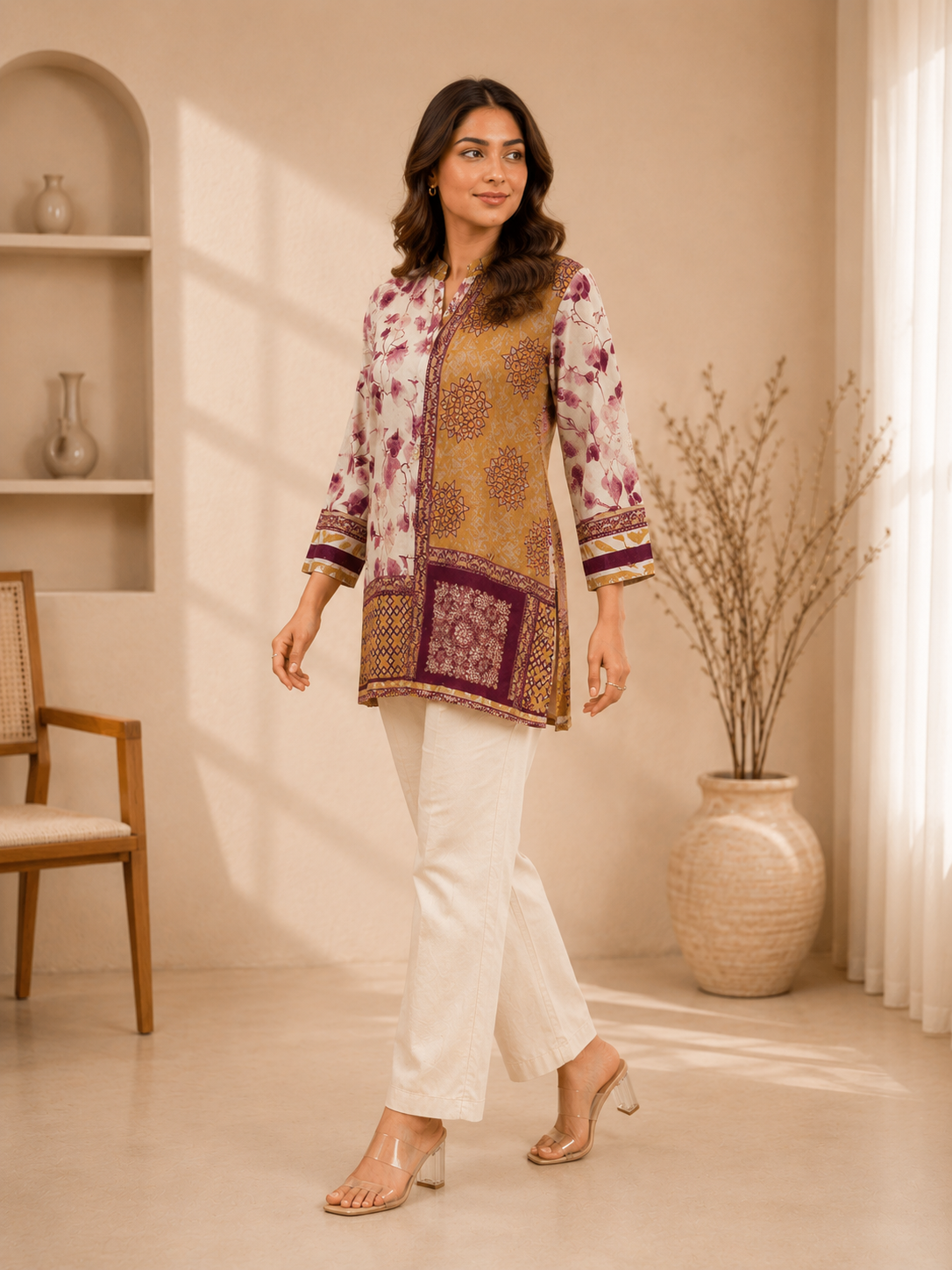 Women's Cream & Mustard Printed Crepe Shirt
