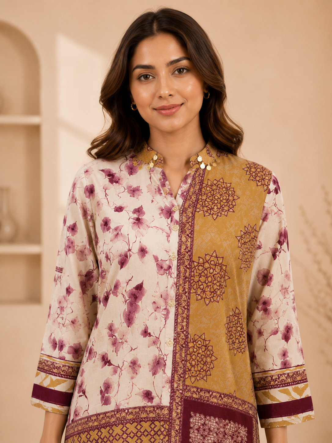 Women's Cream & Mustard Printed Crepe Shirt