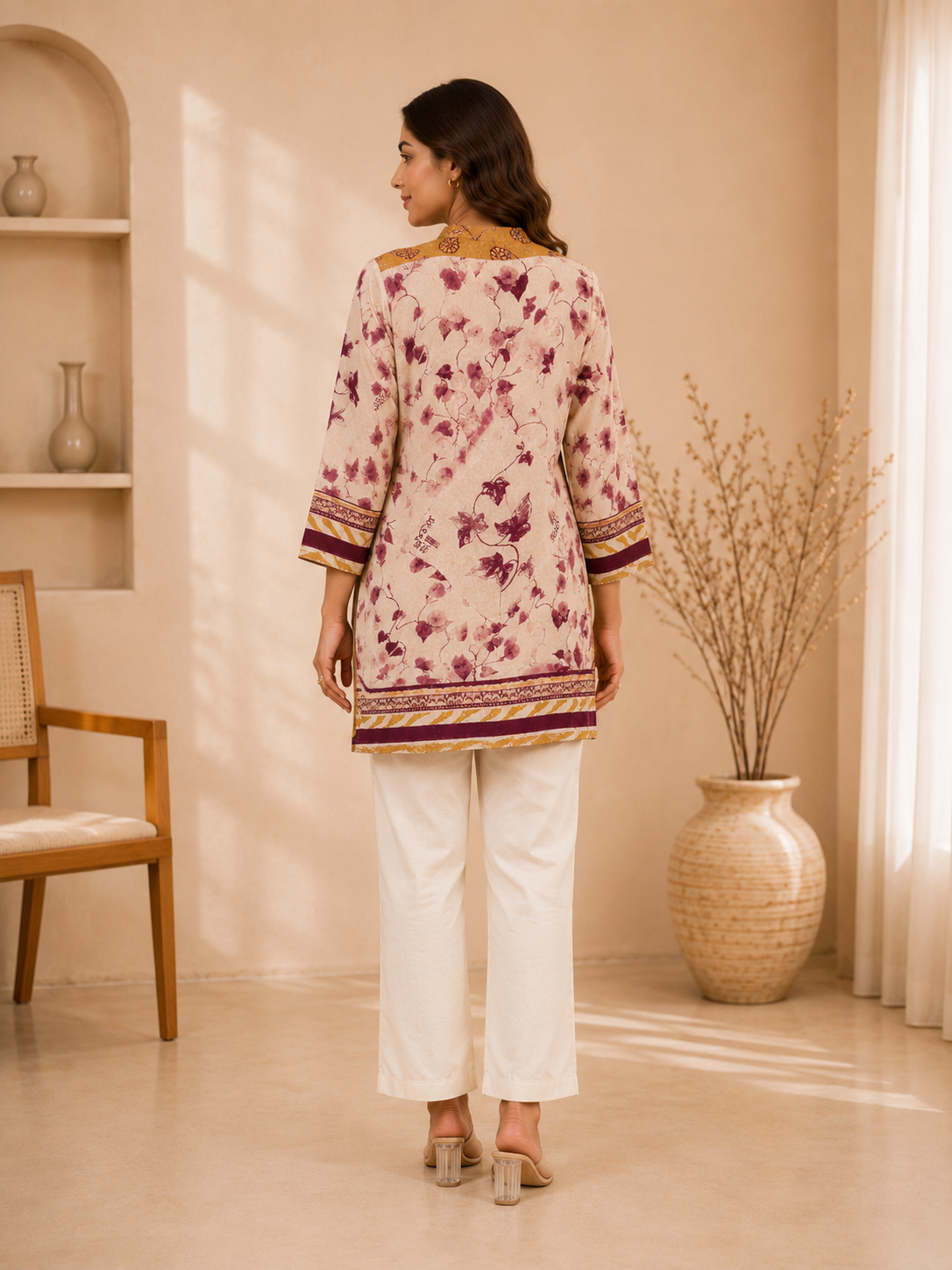 Women's Cream & Mustard Printed Crepe Shirt