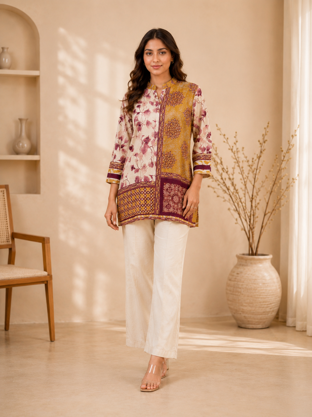 Women's Cream & Mustard Printed Crepe Shirt
