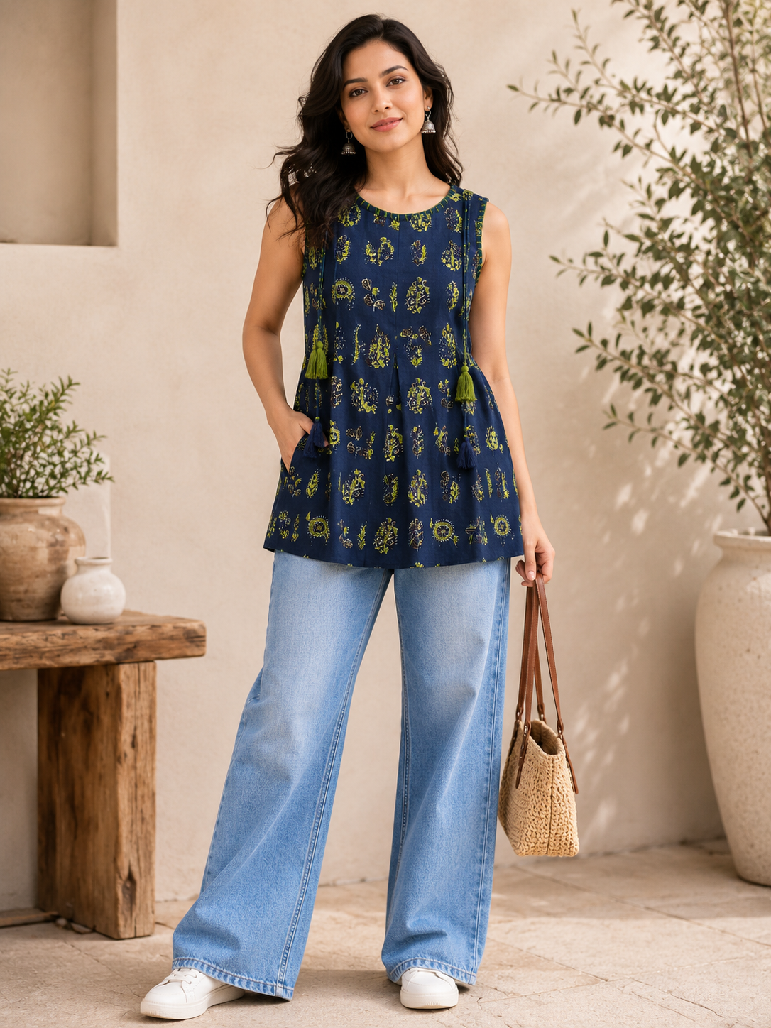 Women's Navy Blue Printed Cotton Top with Tassel