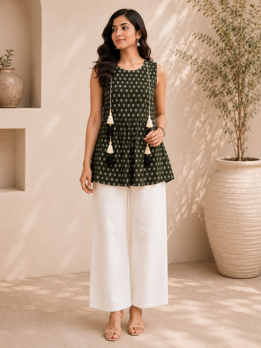 Women's Olive Green Printed Cotton Top with Tassel