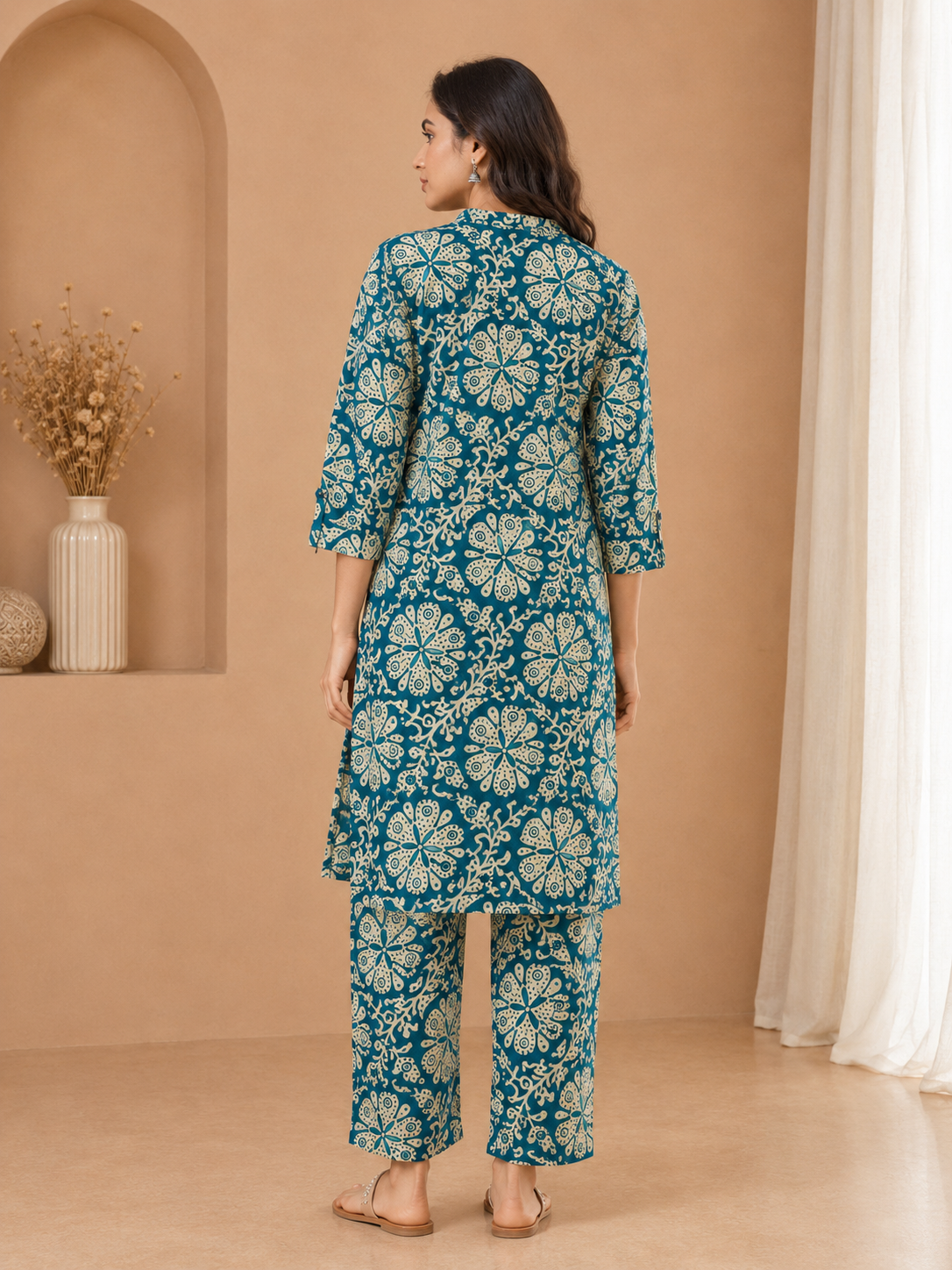 Women's Teal Blue Floral Printed Cotton Coord Set