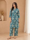 Women's Teal Blue Floral Printed Cotton Coord Set
