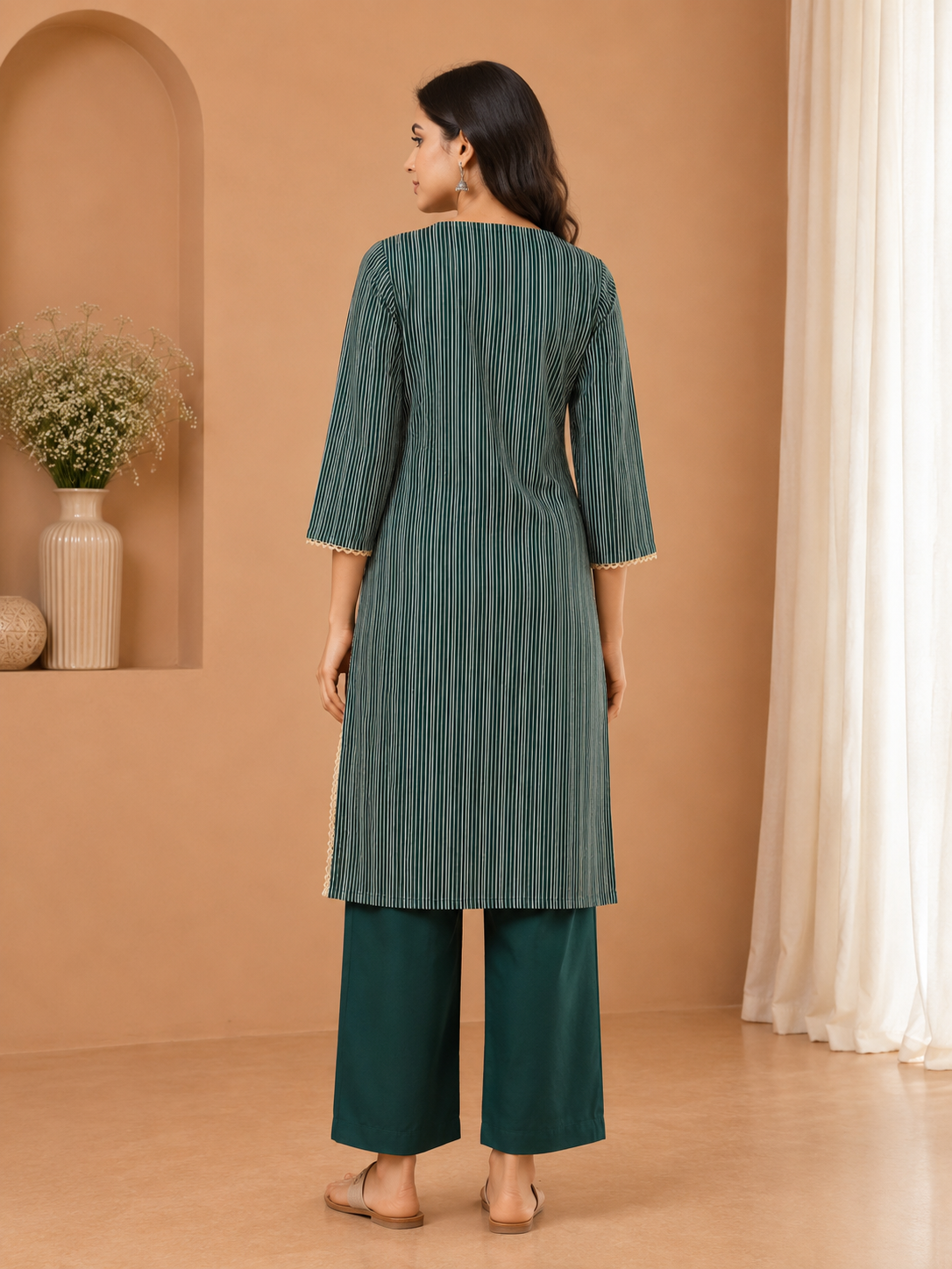 Women's Teal Green Striped Cotton Coord Set