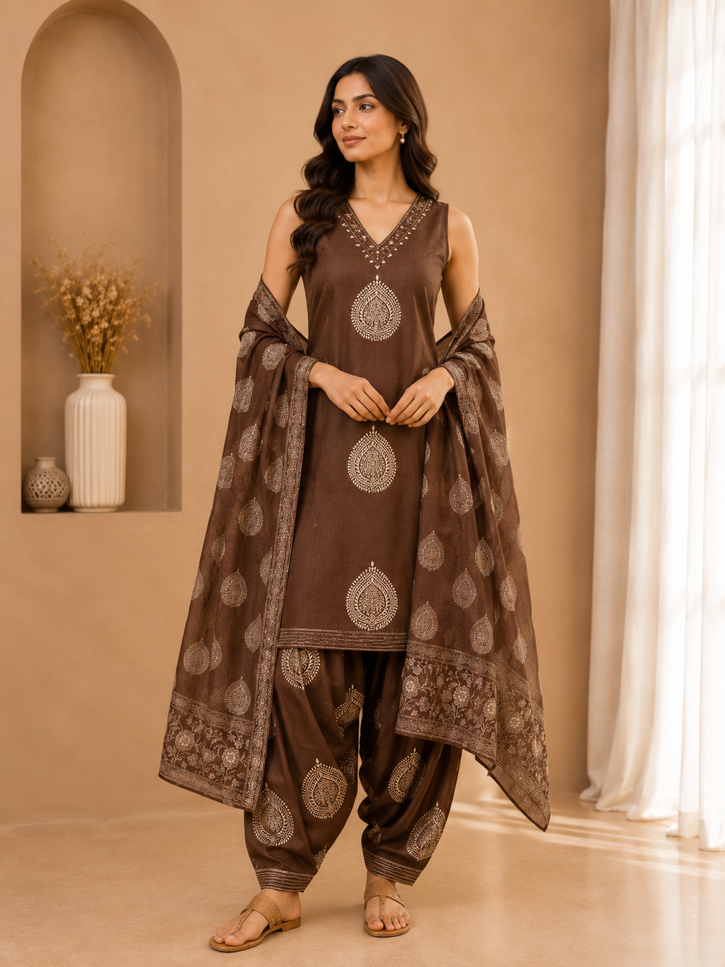 Women's Brown Printed Cotton Kurta Fharsi Salwar Set